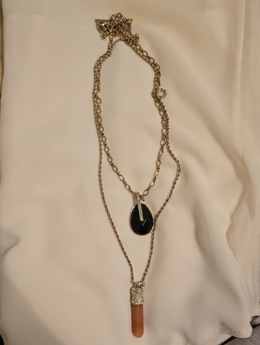 Gold-Tone Layered Pendant Necklace with Black Onyx and Carnelian
